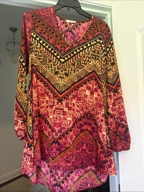 Adrienne Red and Gold Patterned V-Neck Tunic Dress